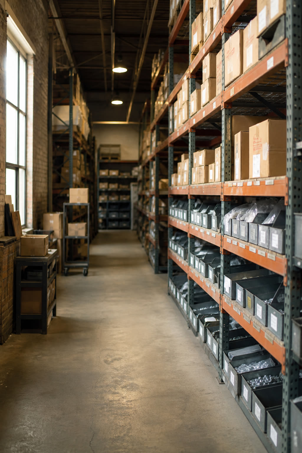 Warehouse aisle with racked industrial parts