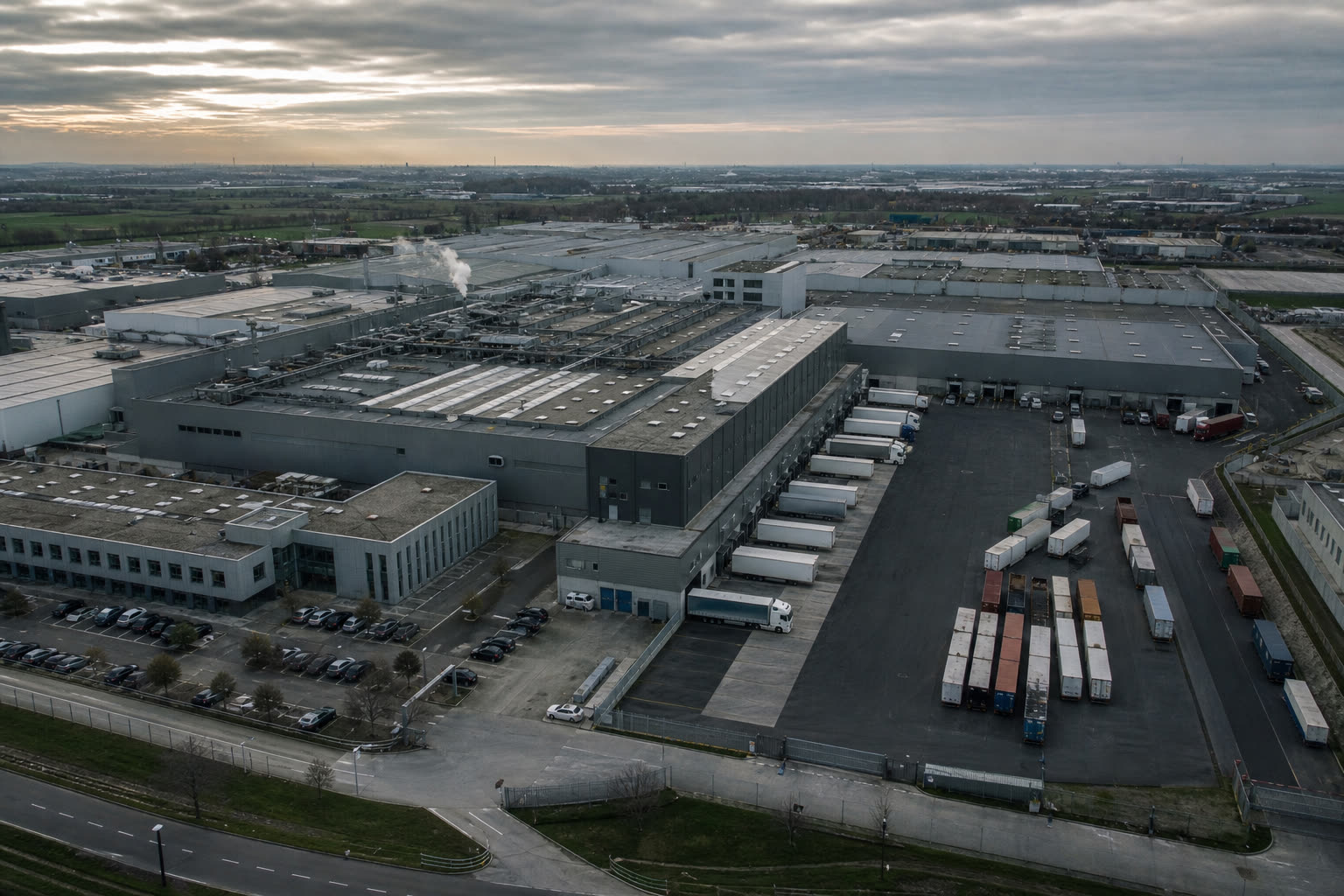 Aerial view of a European industrial manufacturing and logistics facility