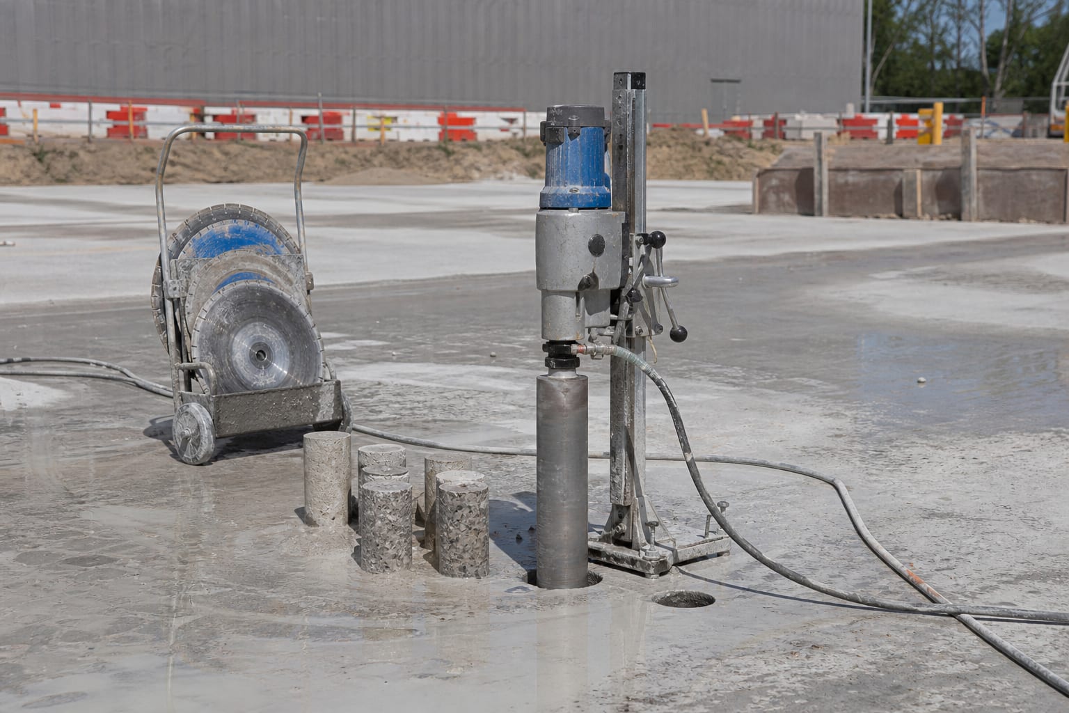 Concrete job site with diamond core drill and cutting equipment, no people