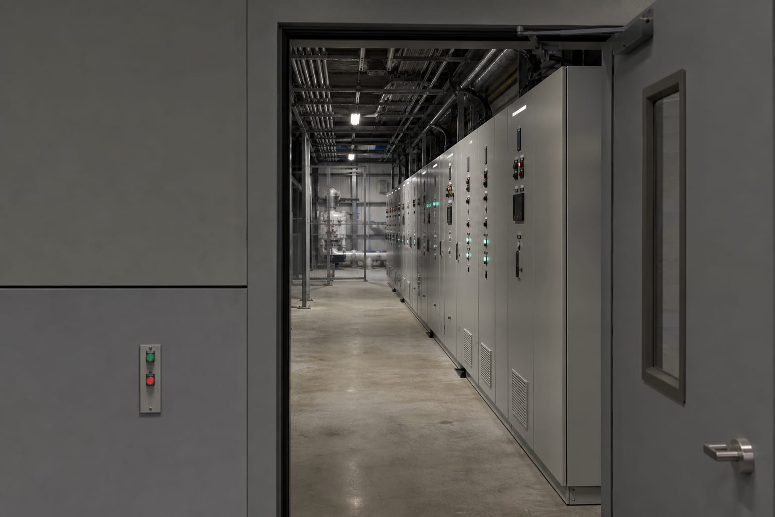 Industrial electrical panel corridor with tall control cabinets