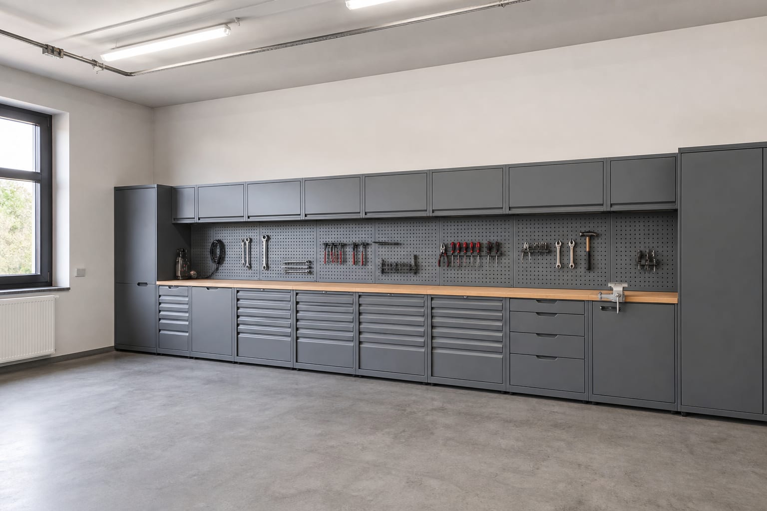 Empty professional workshop with modular gray cabinet wall system and beech worktop
