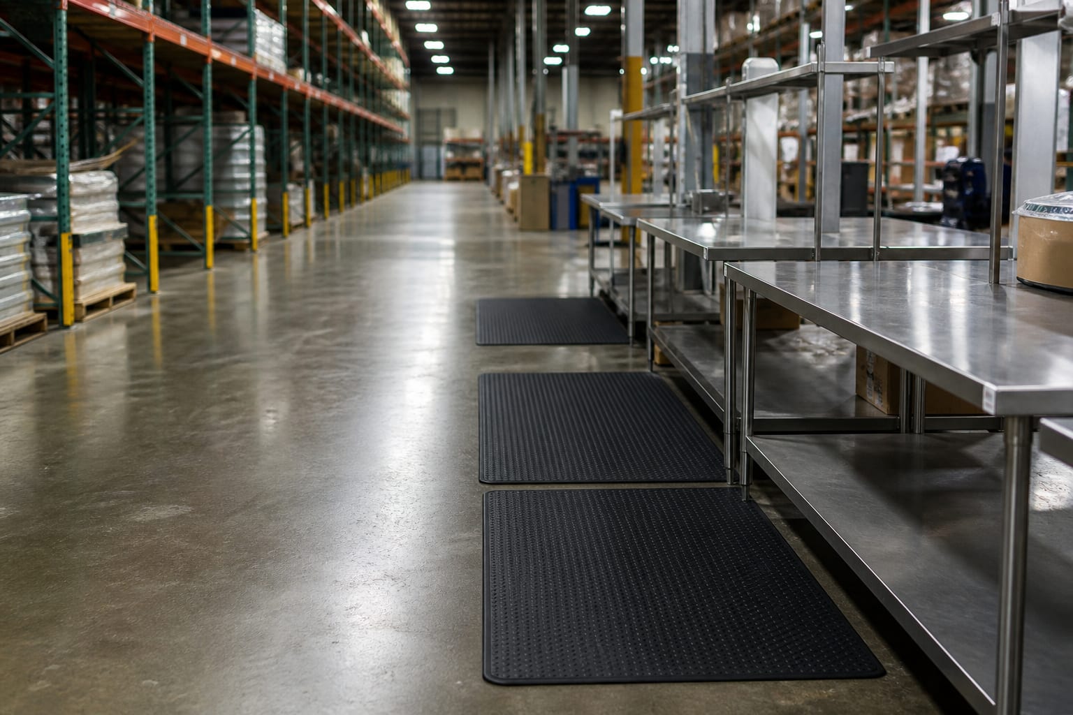 Empty warehouse packing aisle with anti-fatigue mats at stainless workstations