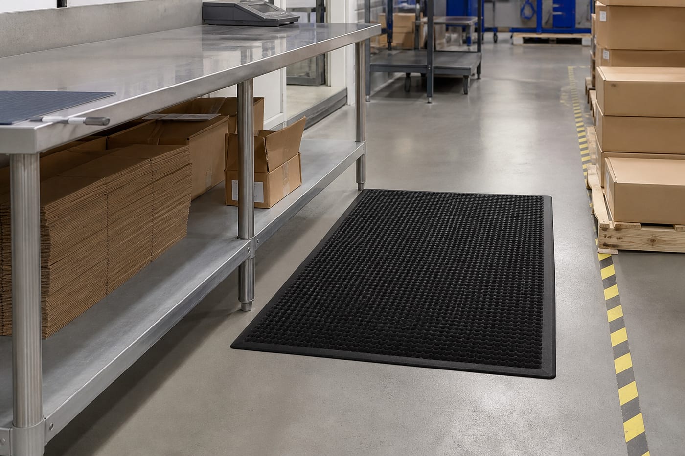 Empty packing workstation with black anti-fatigue mat at a stainless table