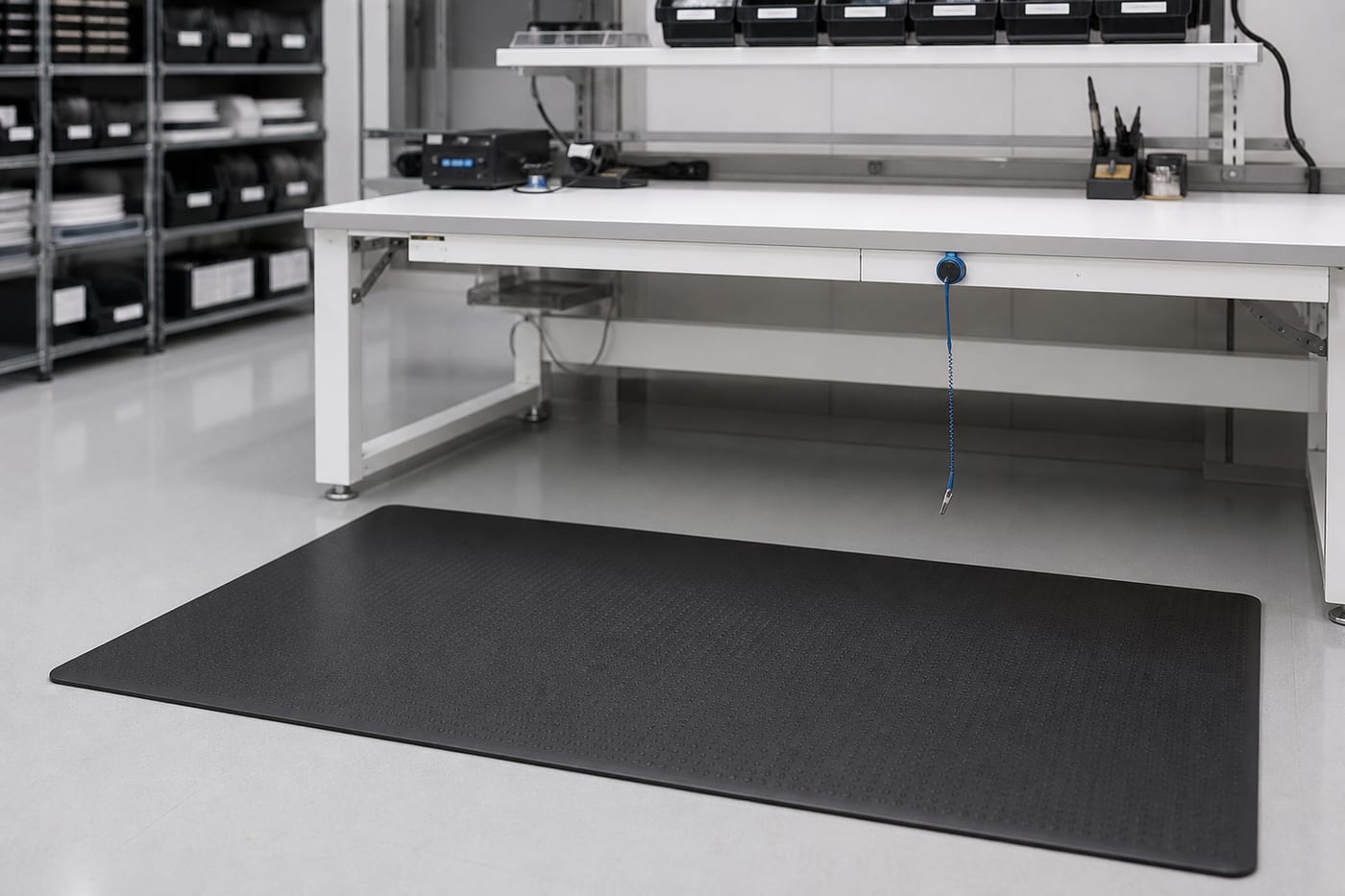 Empty ESD electronics workbench with static-dissipative floor mat