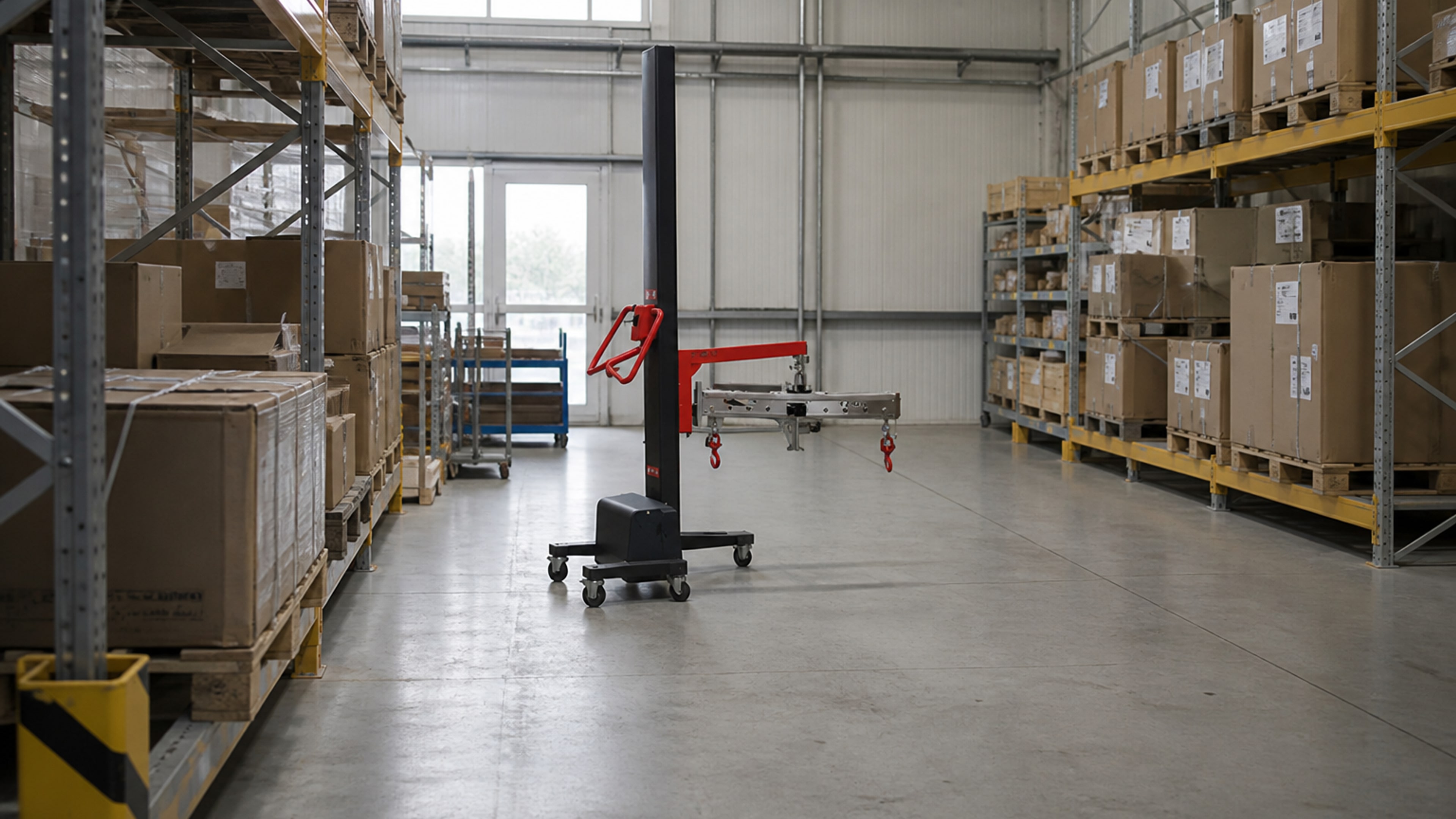 Warehouse aisle with a REGLIFT-style ergonomic lifting trolley between pallet racks
