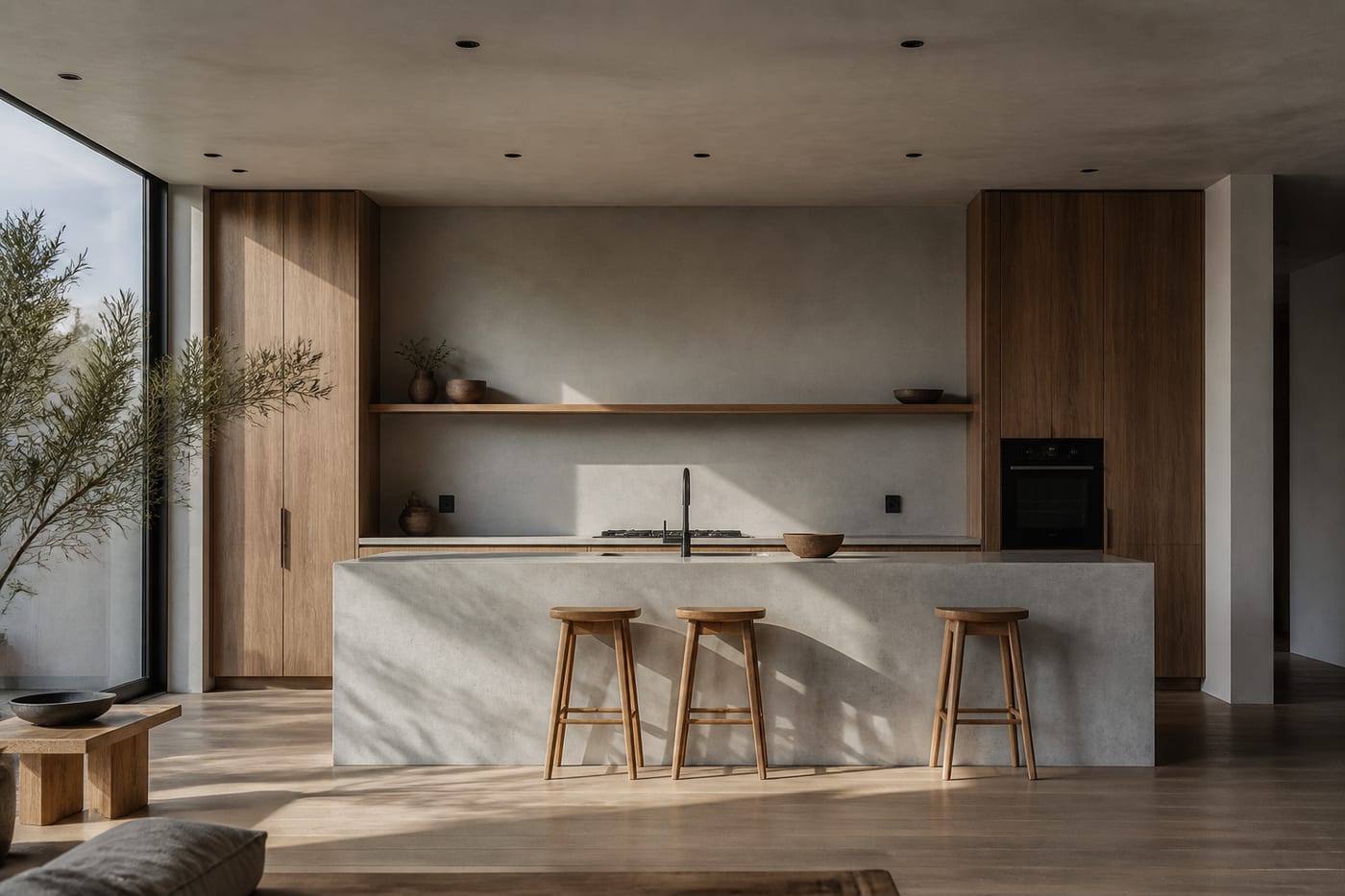 Modern kitchen with seamless light gray concrete-plaster island and walls