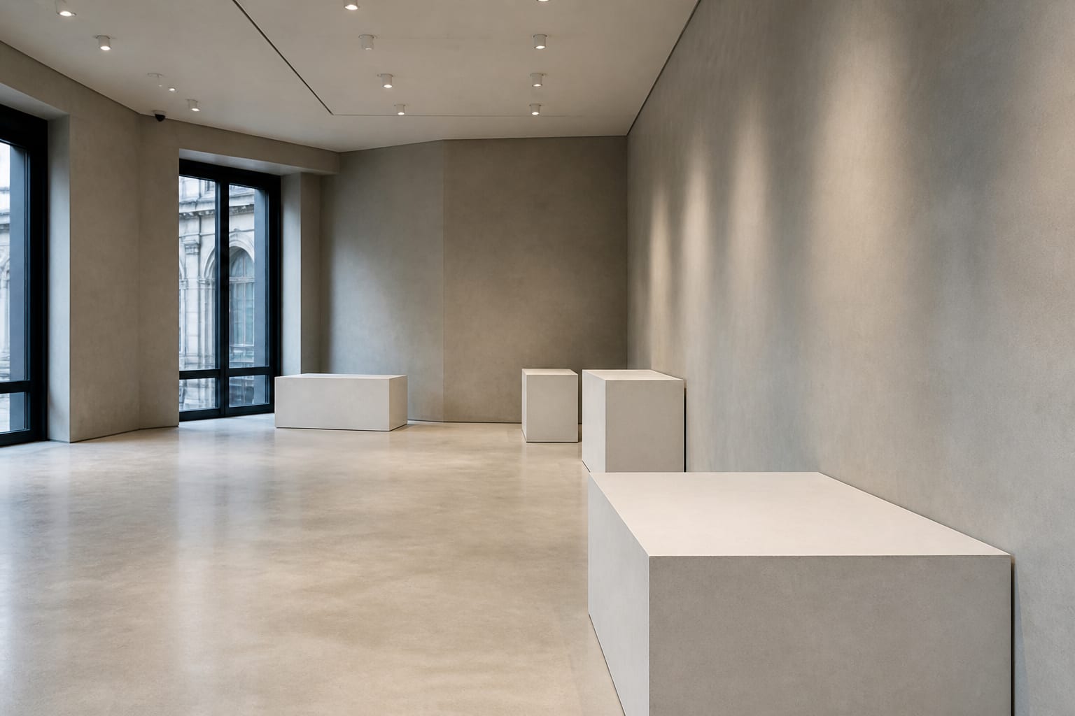 Modern retail showroom with seamless warm gray microcement floors and walls