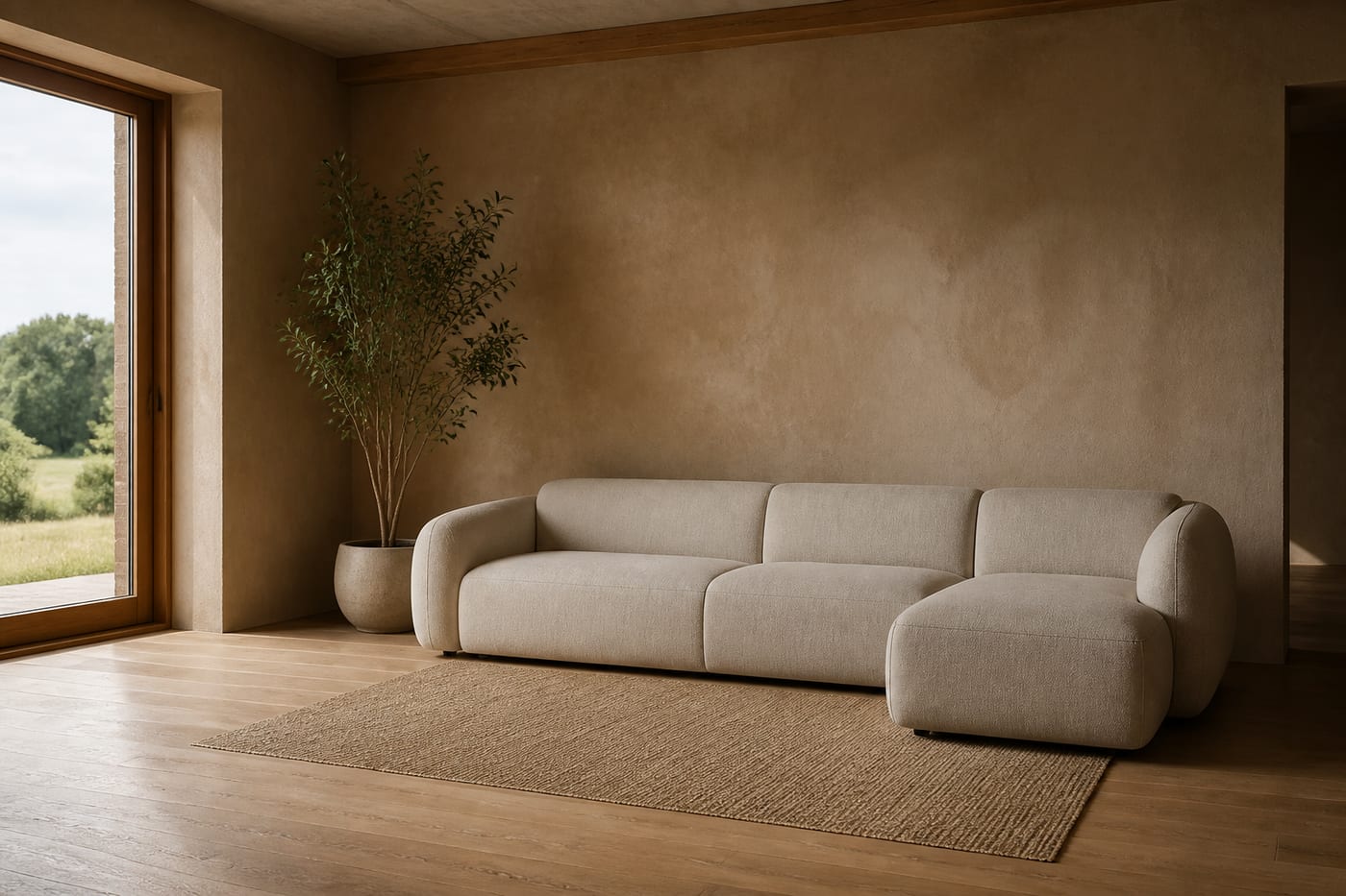 Living room with soft natural clay plaster walls in warm earthy beige